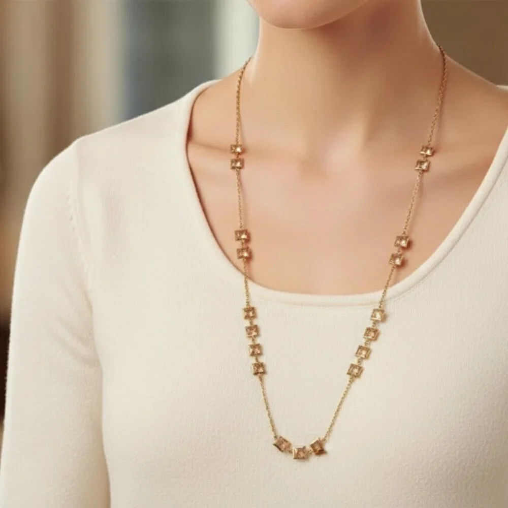 J. Crew Gold Tone & Peach/Champagne Square Crystal Station Necklace 33